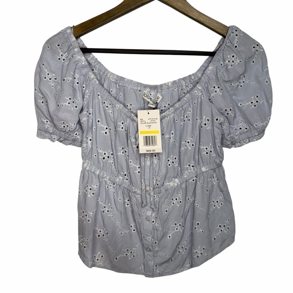 NWT Lola Grace Embroidered Eyelet Babydoll Top size Medium Blue Puff Sleeve